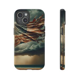 Tattered USA Flag Against Stormy Sky Phone Case: Frayed Stripes, Faded Stars- Phone Case