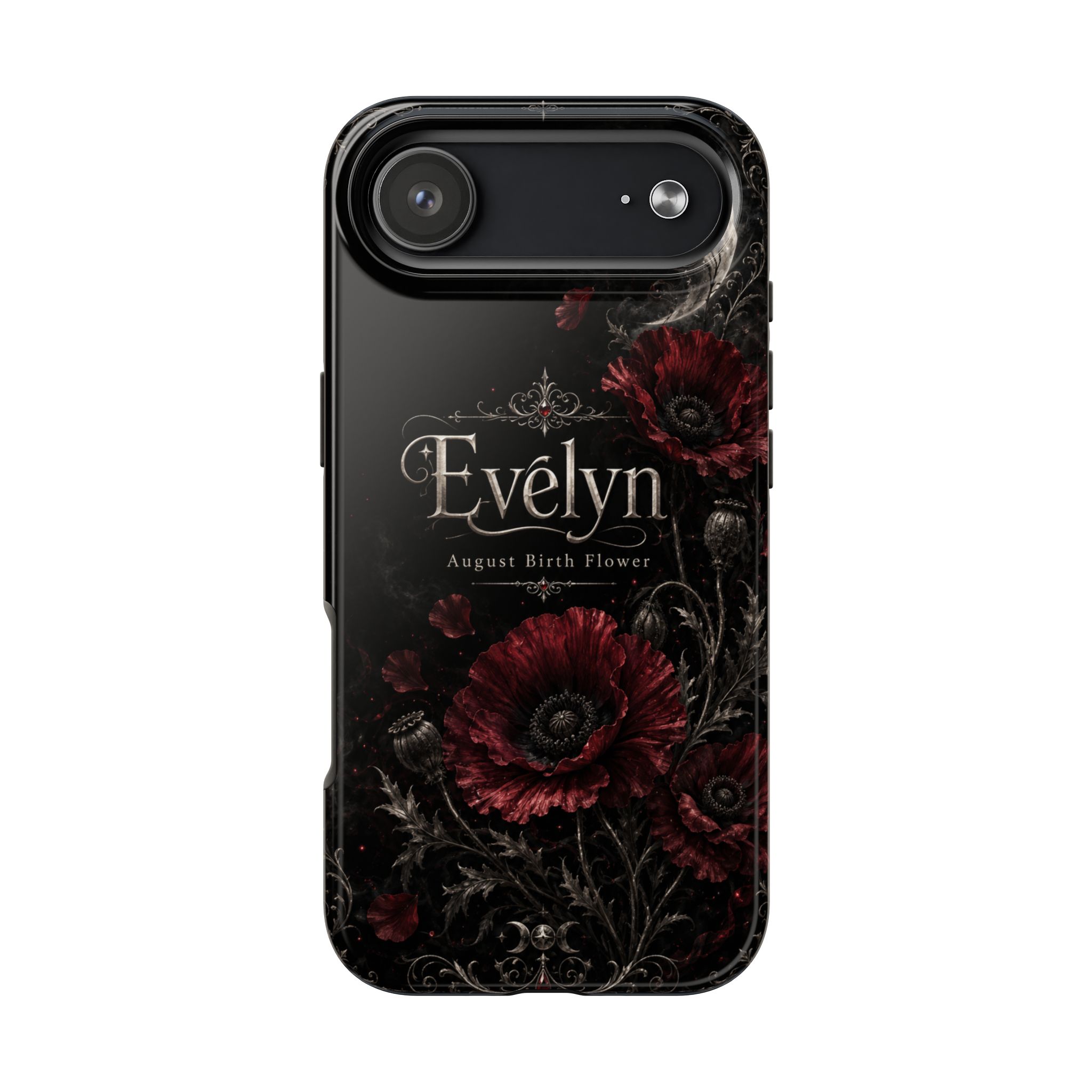 Personalized August Poppy Birth Flower Tough Phone Case, Custom Name Gothic Floral Case for iPhone & Samsung