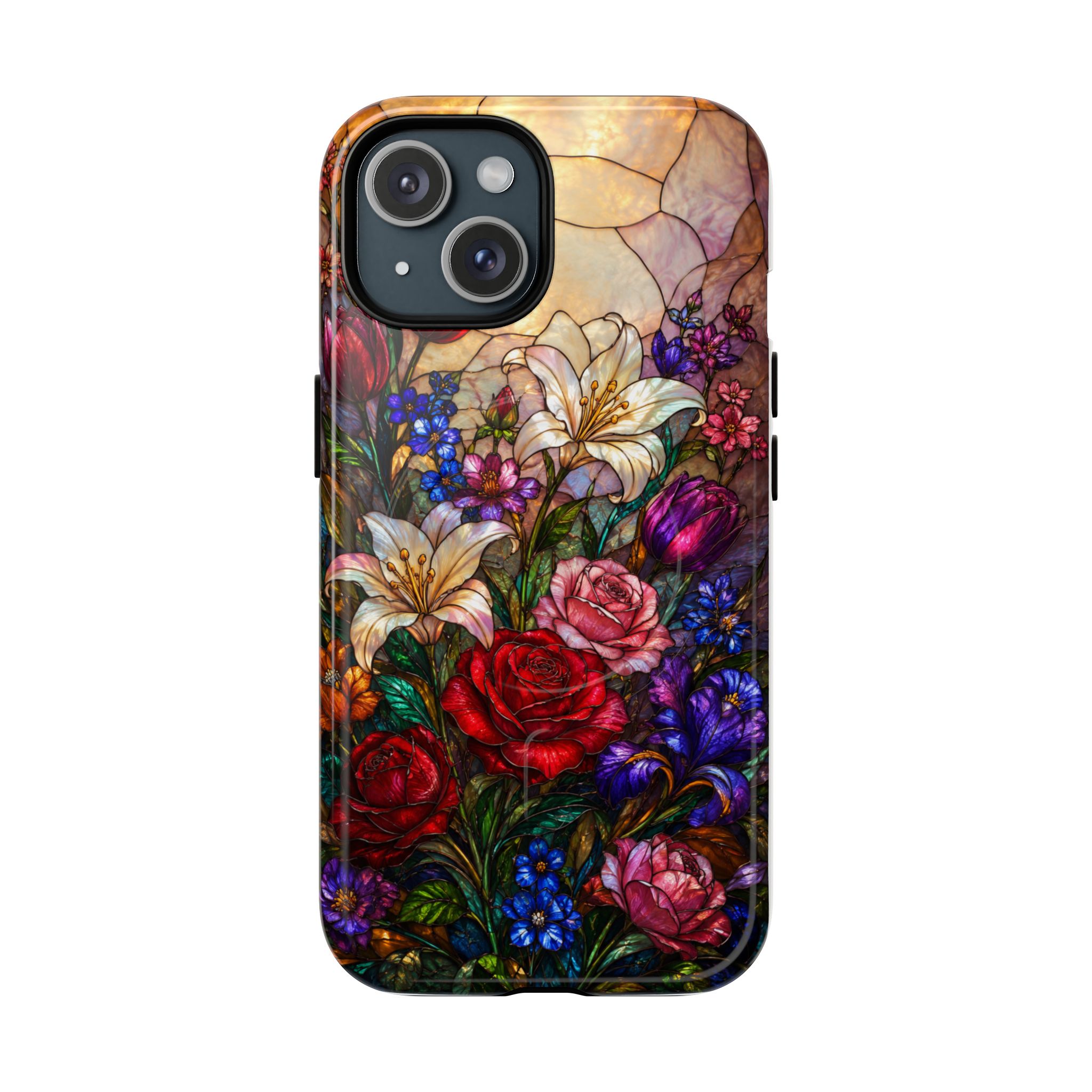 Stained Glass Garden Magnetic Tough Phone Case, Floral Roses & Lilies Case for iPhone and Samsung