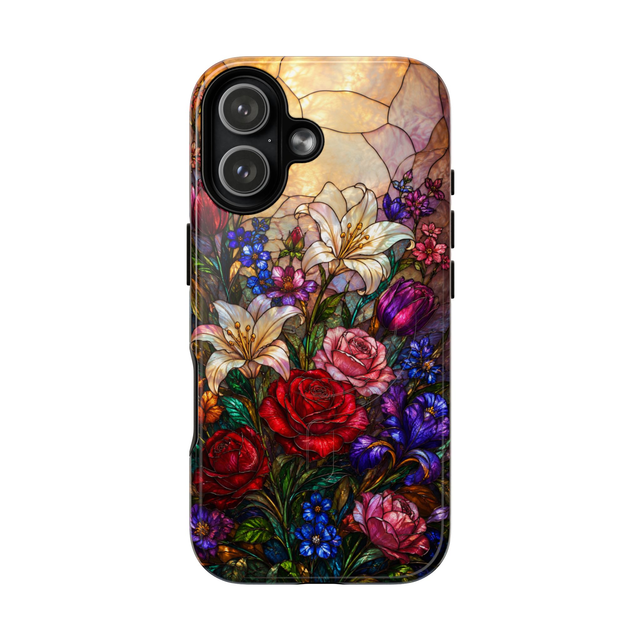 Stained Glass Garden Magnetic Tough Phone Case, Floral Roses & Lilies Case for iPhone and Samsung - Image 49